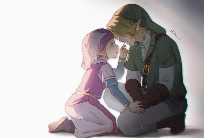 1boy 1girl blonde_hair blood blood_on_face blue_eyes bracelet chinese_commentary chromatic_aberration commentary_request crying dress earrings fingerless_gloves gloves green_headwear green_tunic hat highres jewelry kneeling link pink_dress pointy_ears princess_zelda tears the_legend_of_zelda the_legend_of_zelda:_ocarina_of_time time_paradox young_zelda yun_(dl2n5c7kbh8ihcx)