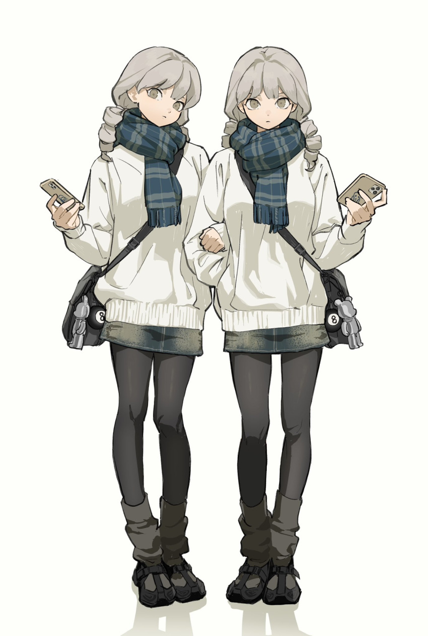 2girls bag black_pantyhose brown_eyes closed_mouth drill_hair expressionless full_body grey_background grey_footwear grey_hair hair_between_eyes hand_in_pocket highres holding holding_phone kimura_731 long_hair looking_at_viewer multiple_girls original pantyhose phone scarf shadow shorts shoulder_bag siblings simple_background sisters standing striped striped_scarf twins