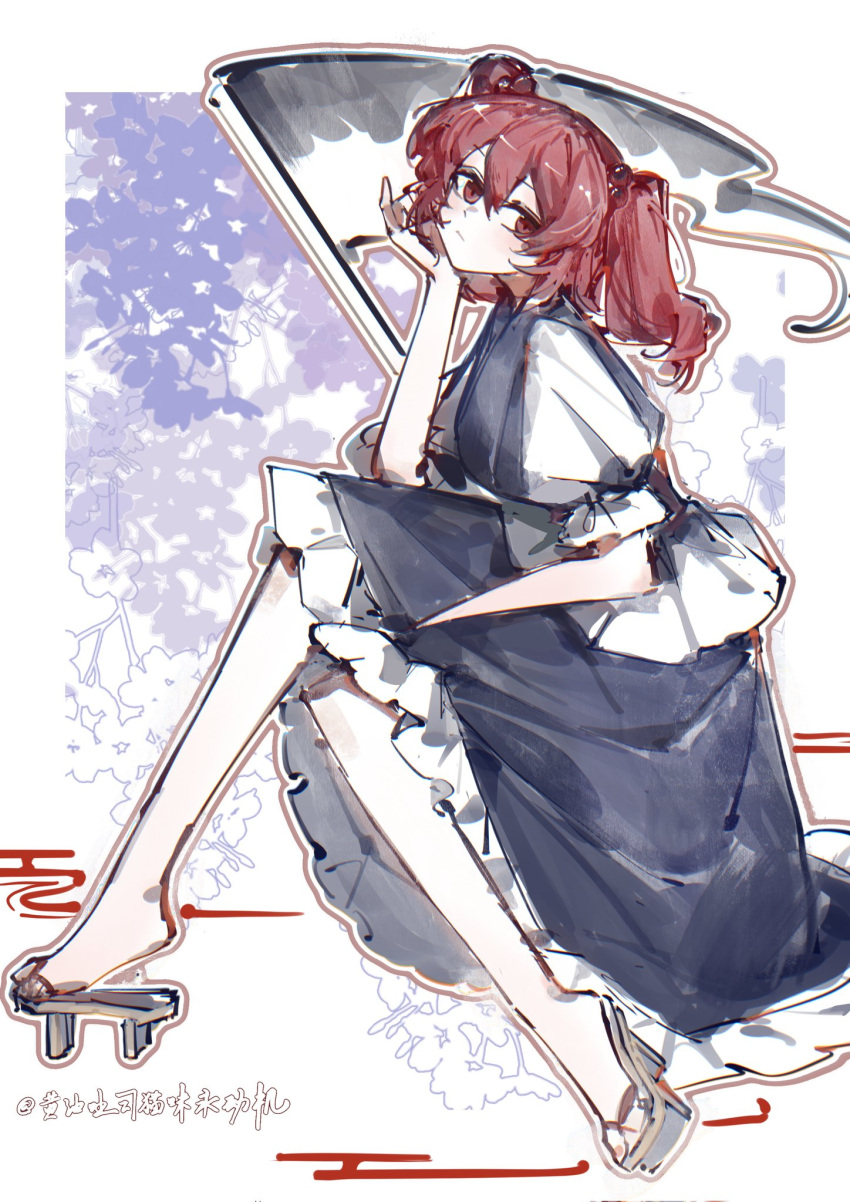 1girl artist_name blue_dress dress frilled_dress frills geta highres huangyou looking_back onozuka_komachi puffy_short_sleeves puffy_sleeves red_eyes redhead scythe short_sleeves sitting solo touhou two_side_up