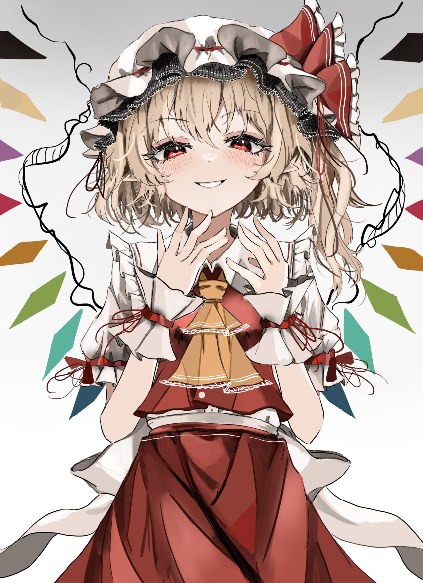1girl absurdres ascot blonde_hair blush collared_shirt crystal flandre_scarlet grin hat highres long_hair looking_at_viewer mob_cap one_side_up orange_ascot ougiikun pointy_ears red_eyes red_skirt shirt short_sleeves simple_background skirt smile solo touhou white_background white_headwear white_shirt wings wrist_cuffs