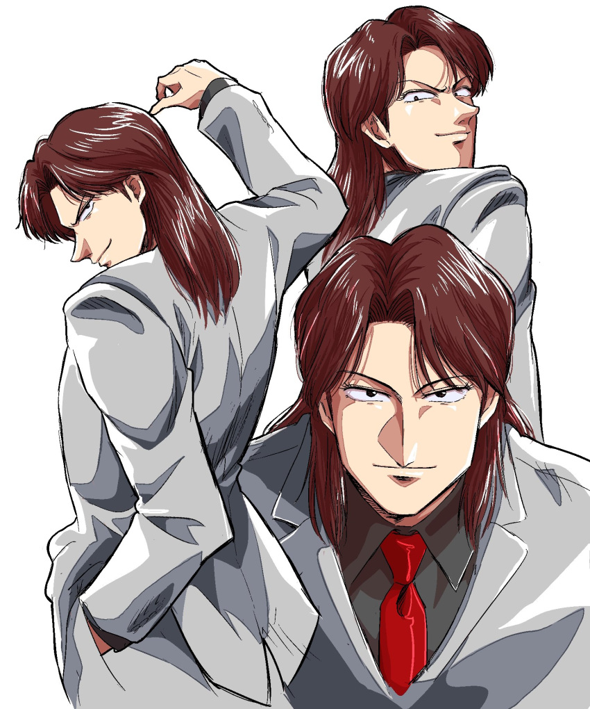 1031hitomachi 1boy arm_up black_eyes blazer brown_hair closed_mouth collared_shirt commentary_request grey_jacket grey_pants grey_shirt highres ichijou_seiya jacket kaiji leaning_forward long_hair long_sleeves looking_at_viewer male_focus medium_bangs multiple_views necktie pants parted_bangs red_necktie sanpaku shirt simple_background smile suit upper_body v-shaped_eyebrows white_background