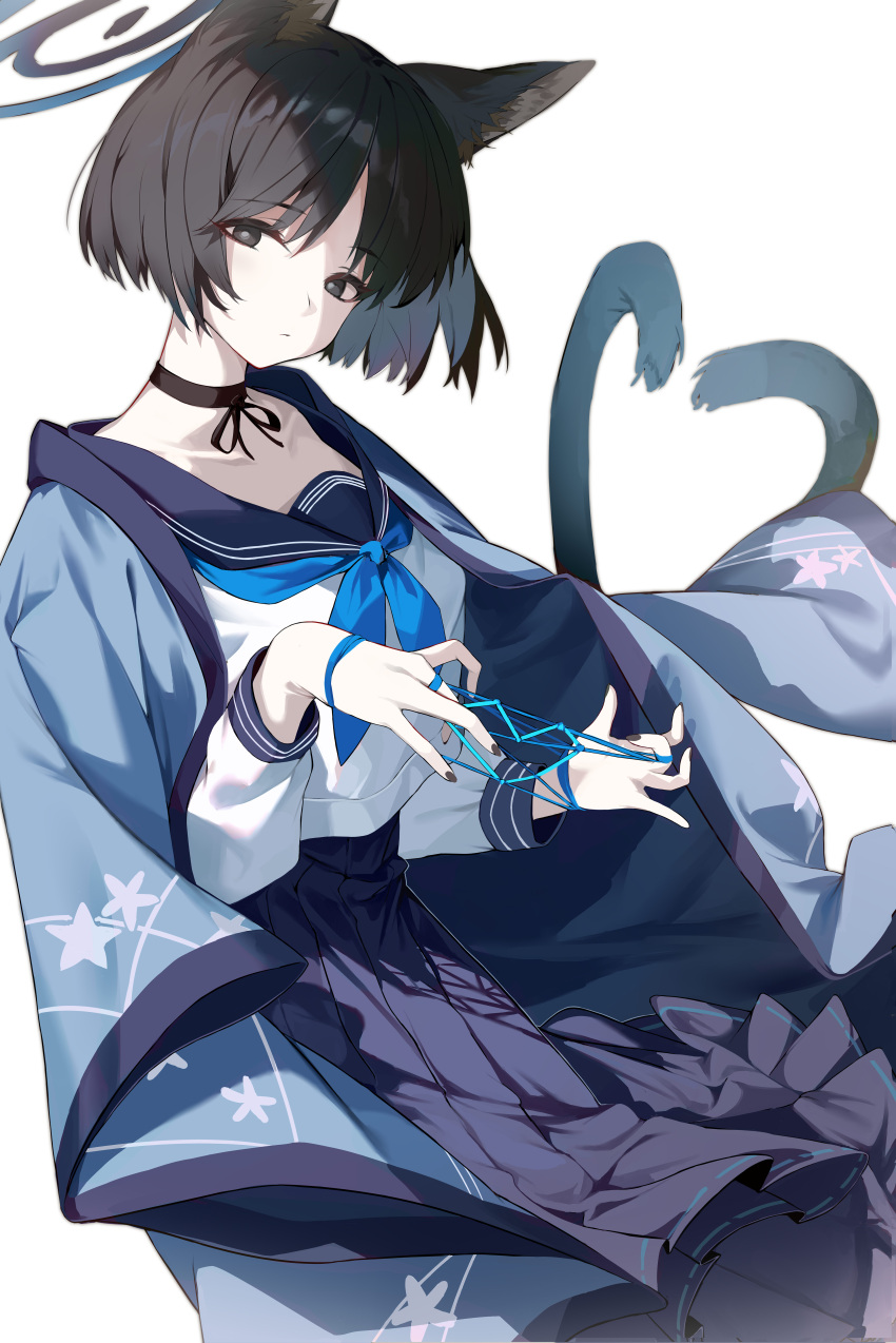 1girl absurdres animal_ears black_choker black_eyes black_hair black_nails black_sailor_collar black_skirt blue_archive blue_halo blue_neckerchief cat's_cradle cat_ears cat_tail choker closed_mouth fingernails halo haori highres japanese_clothes kikyou_(blue_archive) long_sleeves looking_at_viewer multiple_tails nail_polish neckerchief pleated_skirt sailor_collar school_uniform serafuku short_hair simple_background skirt solo tail two_tails white_background youik16