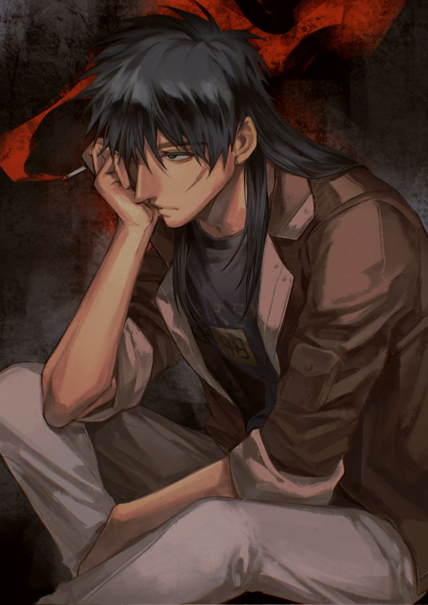 1boy black_eyes black_hair black_shirt brown_jacket cigarette closed_mouth expressionless feet_out_of_frame grey_pants hair_between_eyes hand_on_own_cheek hand_on_own_face highres holding holding_cigarette itou_kaiji jacket kaiji long_bangs long_hair long_sleeves male_focus open_clothes open_jacket pants sanpaku scar scar_on_cheek scar_on_face shirt sitting smoke solo suefu undershirt