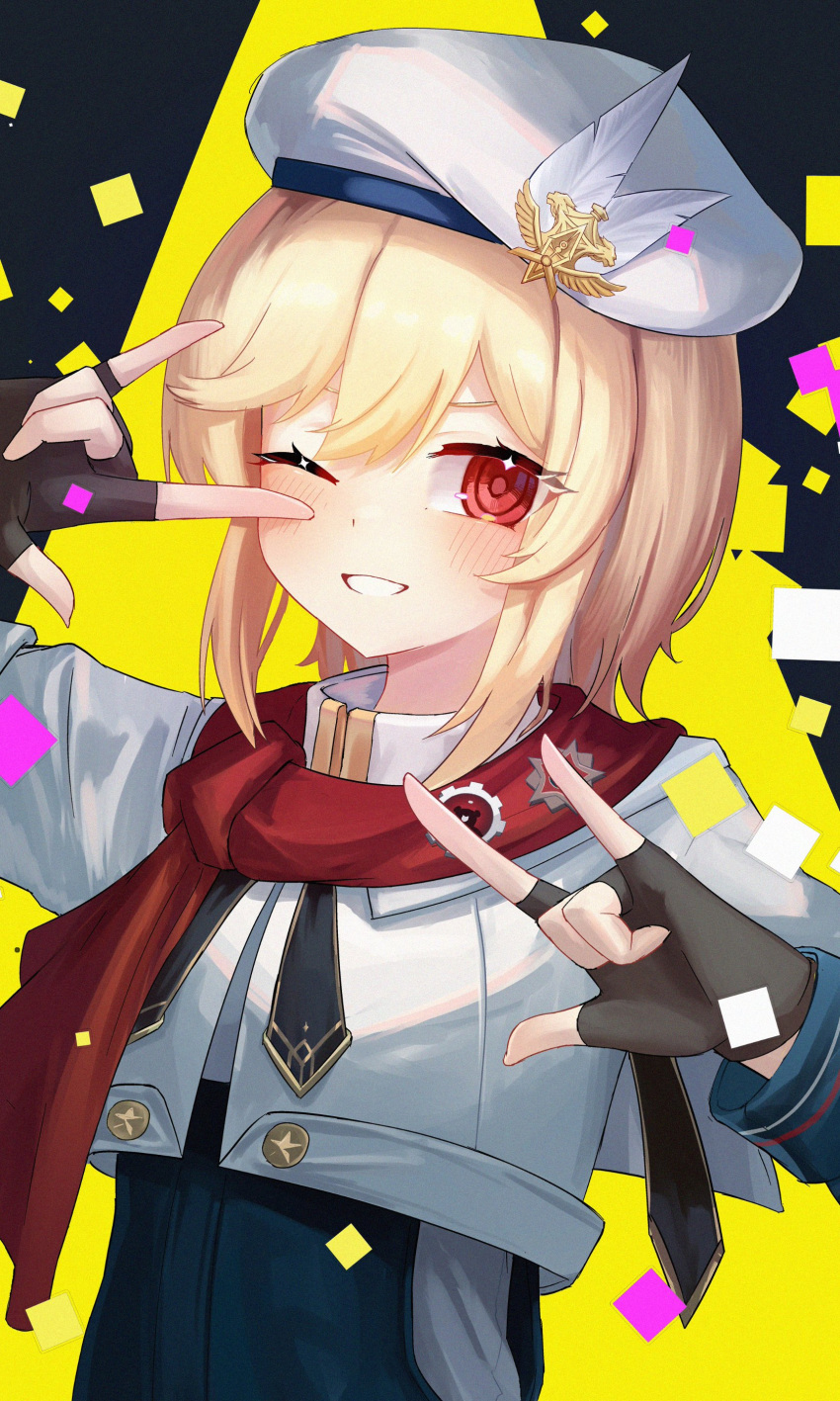 1girl \m/ \n/ absurdres beret black_neckerchief blonde_hair blue_jumpsuit blush breasts capelet commentary_request double_\m/ double_\n/ fingerless_gloves girls'_frontline_2:_exilium girls_frontline gloves hair_between_eyes hand_up hat hat_feather highres jumpsuit long_sleeves looking_at_viewer medium_hair nagant_revolver_(girls'_frontline) neckerchief one_eye_closed open_mouth red_eyes red_scarf scarf shenqi_xiaohuang sidelocks small_breasts smile solo sparkling_eyes two-tone_jumpsuit upper_body white_capelet white_headwear