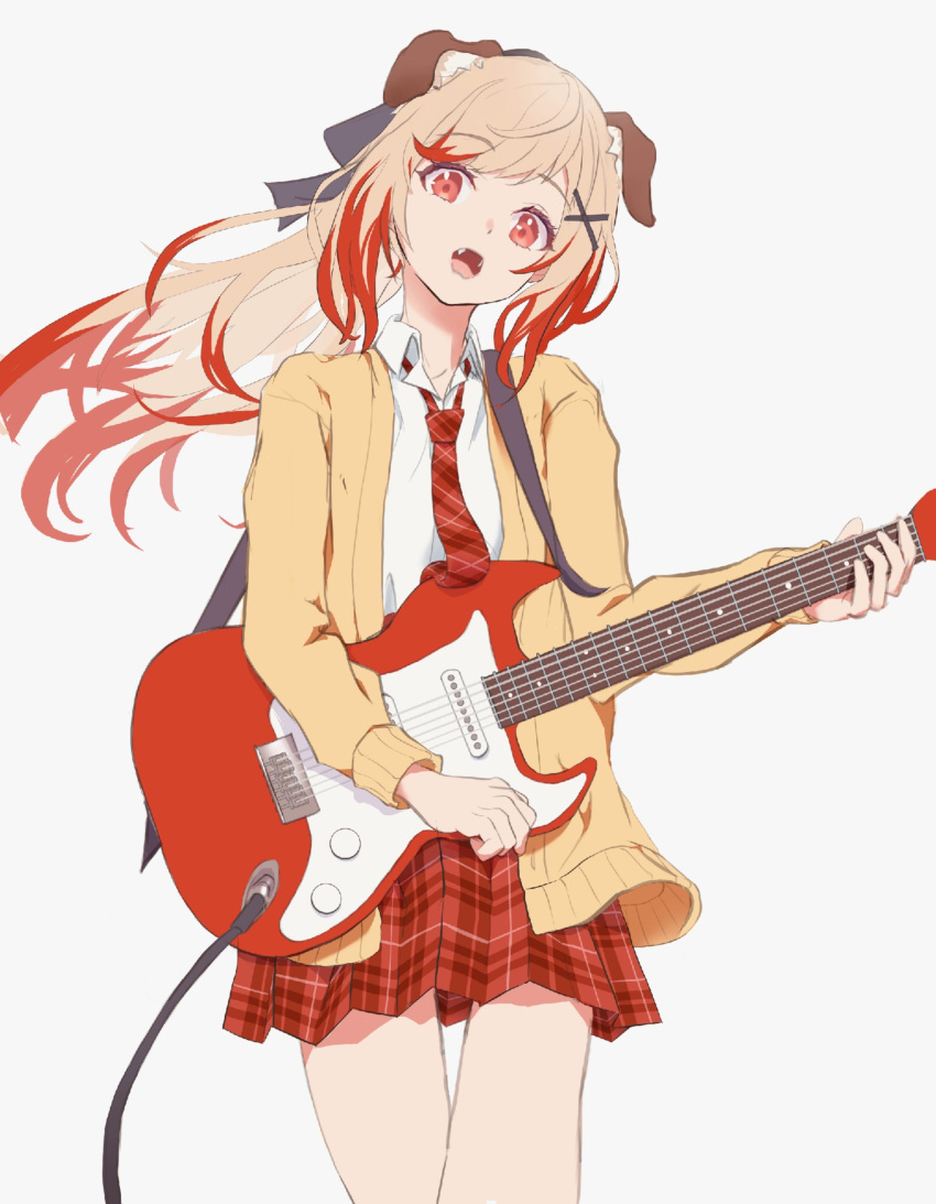 1girl absurdres animal_ear_fluff animal_ears black_bow blonde_hair botan_(oacdrykafjf3g3d) bow cable cardigan collared_shirt commentary_request cowboy_shot dog_ears dog_girl electric_guitar fangs flat_chest guitar hair_bow hair_ornament highres holding holding_guitar holding_instrument instrument long_hair long_sleeves looking_at_viewer medium_bangs nanashi_inc. necktie open_cardigan open_clothes open_mouth orange_eyes plaid plaid_necktie plaid_skirt pleated_skirt red_necktie red_skirt redhead seshima_rui shirt simple_background skirt solo virtual_youtuber white_background white_shirt x_hair_ornament yellow_cardigan