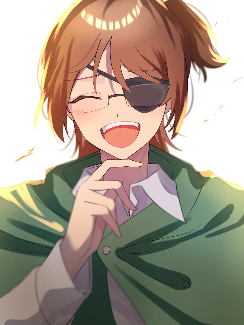 1other absurdres blush brown_hair cape closed_eyes collared_shirt commentary dress_shirt eyepatch glasses green_cape hange_zoe highres long_sleeves open_mouth shingeki_no_kyojin shirt simple_background smile solo teeth tsukuno_tsuki upper_body upper_teeth_only white_background white_shirt