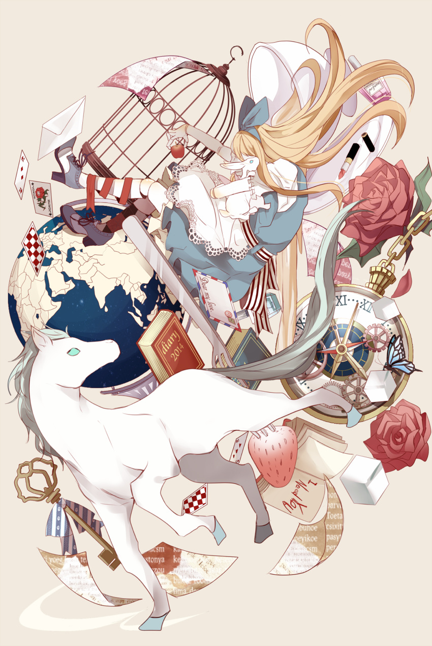 1girl alice_(alice_in_wonderland) alice_in_wonderland animal_hug apron bad_id bad_pixiv_id birdcage black_ribbon blonde_hair blue_bow blue_butterfly blue_dress blue_footwear book boots bow bug butterfly cage card cosmetics covering_face cross-laced_footwear cup dress envelope flower food footwear_ribbon fork frilled_sleeves frills from_side fruit full_body hair_bow hair_lift high_heel_boots high_heels highres holding_rabbit kneehighs ko_(pixiv_1794257) lace-trimmed_apron lace_trim leg_ribbon lipstick_tube long_hair nail_polish_bottle oversized_object paper playing_card pocket_watch rabbit red_flower red_ribbon red_rose ribbon rose saucer shirt short_dress short_sleeves simple_background sleeveless sleeveless_dress socks solo strawberry teacup waist_apron wand watch white_apron white_horse white_shirt white_sleeves white_socks yellow_background