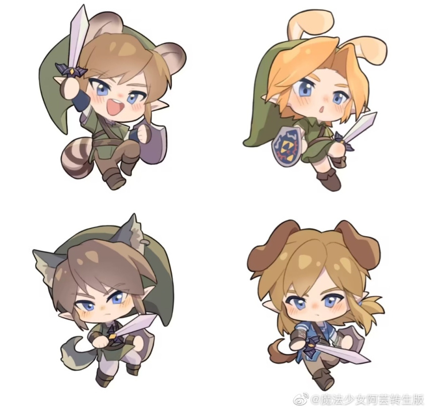 4boys animal_ears blonde_hair blue_eyes brown_hair bunny_hood_(zelda) champion's_tunic_(zelda) chinese_commentary commentary_request dog dog_tail frown green_headwear green_tunic hat holding holding_shield holding_sword holding_weapon kemonomimi_mode link male_focus master_sword multiple_boys multiple_persona open_mouth pointy_ears round_teeth serious shield smile striped_tail sword tail teeth the_legend_of_zelda the_legend_of_zelda:_breath_of_the_wild the_legend_of_zelda:_ocarina_of_time the_legend_of_zelda:_skyward_sword the_legend_of_zelda:_twilight_princess weapon wolf_ears wolf_tail young_link yun_(dl2n5c7kbh8ihcx)