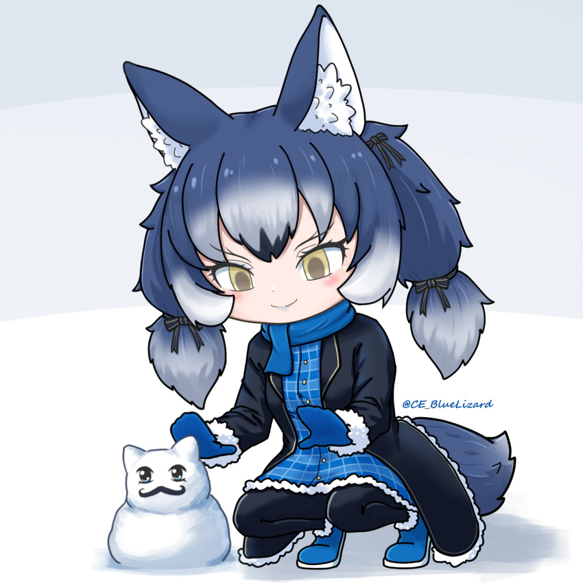 1girl animal_ears blue_hair boots ce_bluelizard coat dire_wolf_(kemono_friends) dress extra_ears gloves grey_eyes highres kemono_friends kemono_friends_v_project long_hair pantyhose ribbon scarf simple_background skirt snow snowman solo tail twintails virtual_youtuber wolf_ears wolf_girl wolf_tail