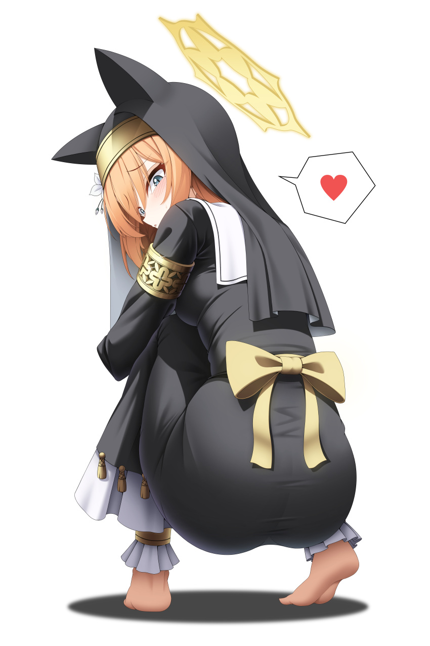 1girl absurdres ass barefoot black_robe blue_archive blue_eyes blush commentary_request flower from_behind full_body habit halo heart highres knees_to_chest leehamin777 long_hair looking_at_viewer looking_back mari_(blue_archive) nun orange_hair parted_lips robe slit_pupils solo spoken_heart squatting tiptoes white_flower yellow_halo