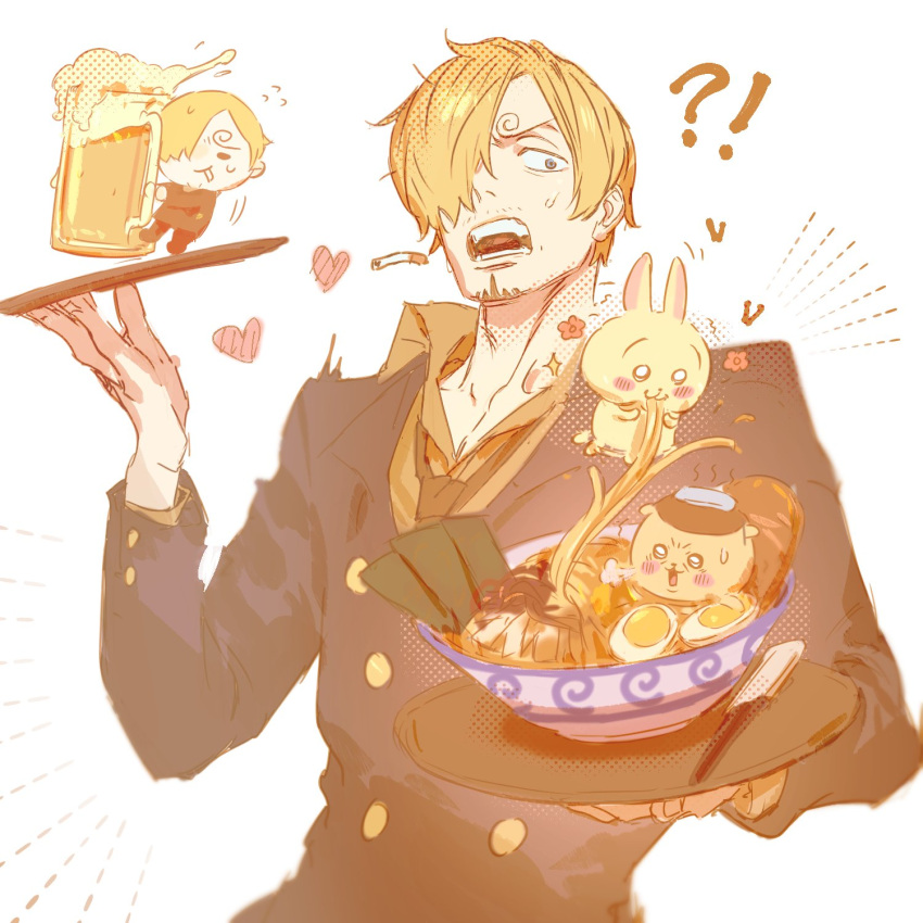 1boy animal bear beard black_jacket blonde_hair blue_eyes brown_shirt chibi chiikawa cigarette colored_skin crossover facial_hair food hardboiled_egg heart highres holding holding_food jacket looking_at_animal male_focus mature_male noodles one_piece ramen sanji_(one_piece) seaweed shirt short_hair simple_background solo solo_focus surprised teeth white_background white_skin ynnn_m