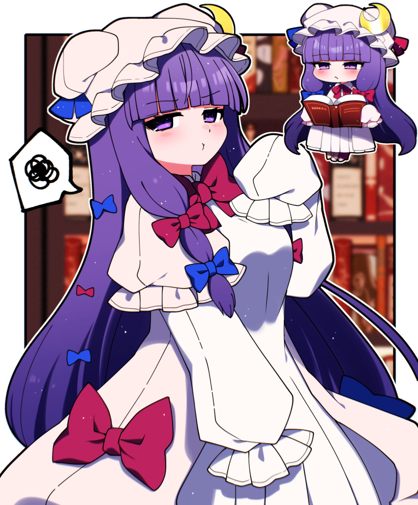 1girl absurdres blue_bow blush bow breasts closed_mouth commission crescent crescent_hat_ornament frilled_sleeves frills hair_bow hat hat_ornament highres long_hair looking_at_viewer medium_breasts mob_cap multiple_views patchouli_knowledge pout purple_hair red_bow shirt skeb_commission sleeves_past_fingers sleeves_past_wrists spoken_squiggle squiggle touhou violet_eyes white_headwear white_shirt you_(noanoamoemoe)