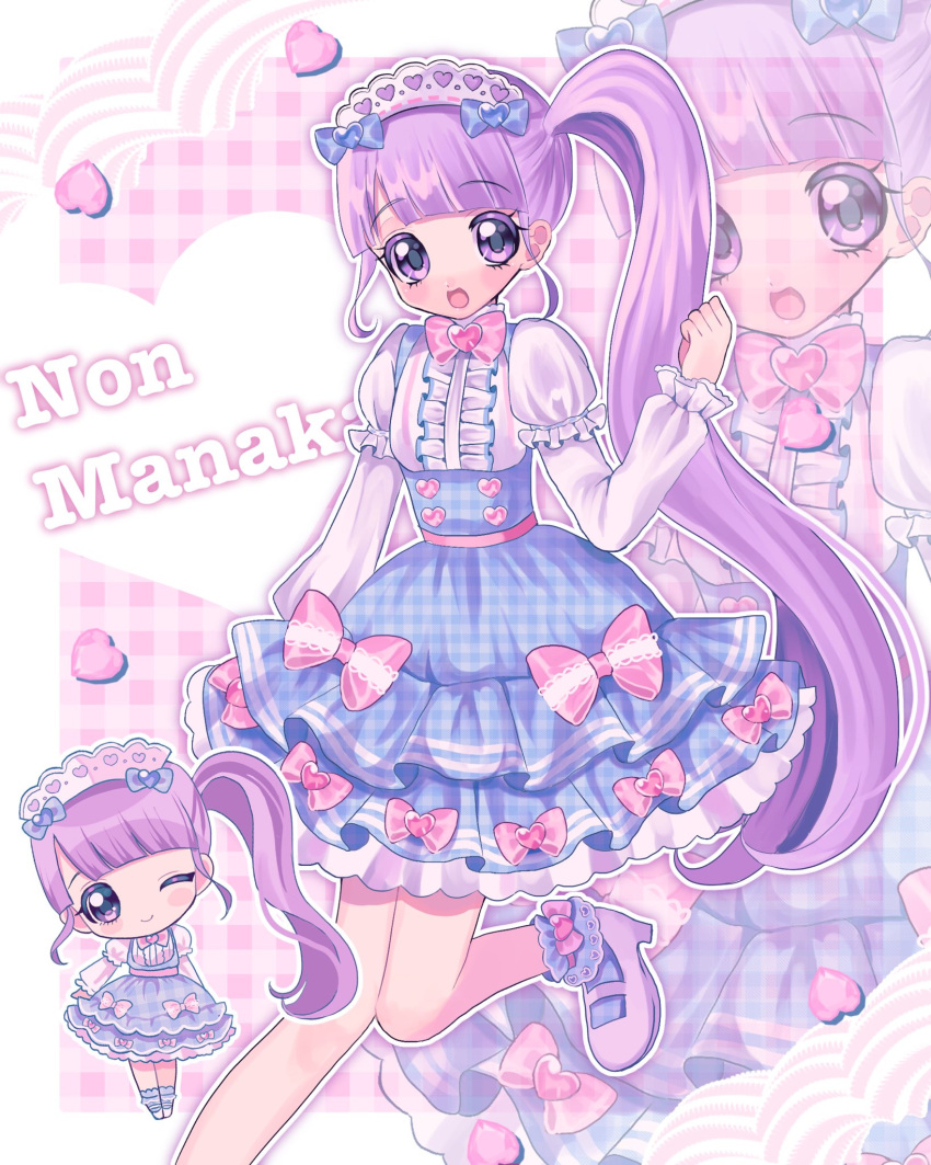 1girl :d blue_bow blue_dress blue_socks blunt_bangs blush bow center_frills character_name chibi closed_mouth dress frilled_dress frilled_hairband frilled_socks frills hair_bow hairband hand_up heart high_heels highres idol_clothes lolita_fashion long_hair looking_at_viewer manaka_non multiple_views one_eye_closed open_mouth pink_bow plaid plaid_dress pretty_series pripara purple_hair side_ponytail smile socks standing standing_on_one_leg very_long_hair violet_eyes white_footwear yuni_(ramm_sweet) zoom_layer