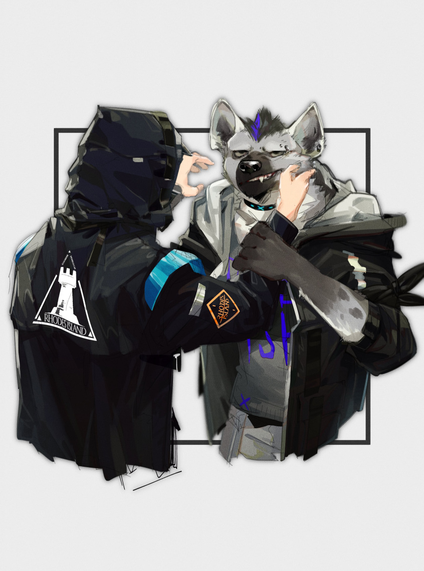 1boy 1other absurdres annoyed arknights black_coat black_jacket cheek_pinching coat commentary doctor_(arknights) fangs furry furry_male grey_shirt highres holding_another's_arm hood hooded_coat hooded_jacket hyena_boy hyena_ears infection_monitor_(arknights) jacket multicolored_hair omochi_kuitai pinching rhodes_island_logo_(arknights) shirt spot_(arknights) streaked_hair