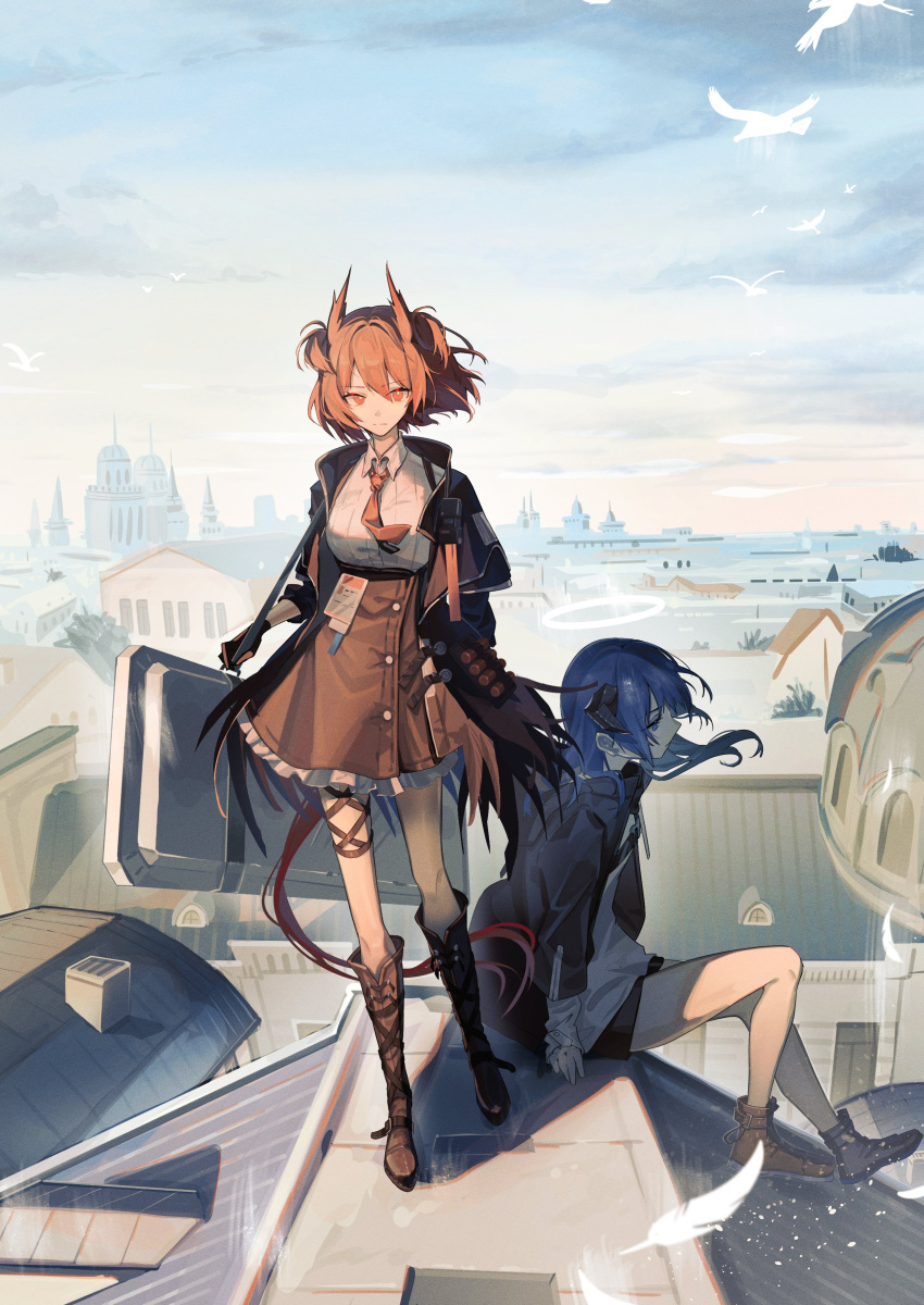 2girls absurdres architecture arknights bird black_footwear black_gloves black_jacket black_shorts blue_hair blue_sky boots breasts brown_skirt building commentary demon_horns feather_hair fiammetta_(arknights) gloves halo high-waist_skirt highres holding holding_shield horns id_card jacket knee_boots large_breasts long_hair looking_to_the_side mostima_(arknights) multiple_girls natsuba002 necktie outdoors red_eyes red_necktie redhead rooftop shield shirt short_hair shorts sidelocks sitting skirt sky thigh_strap white_shirt
