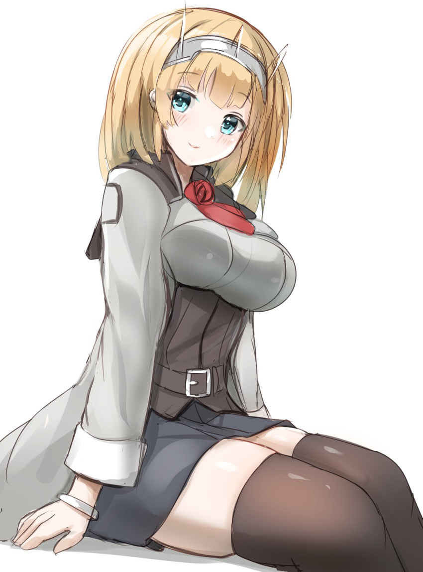 1girl ascot black_thighhighs blonde_hair blue_eyes breasts cowboy_shot flower grey_jacket grey_skirt headgear highres jacket kantai_collection large_breasts long_sleeves looking_at_viewer military_uniform red_ascot red_flower red_rose redundant-cat rodney_(kancolle) rose short_hair simple_background sitting skirt solo thigh-highs uniform white_background