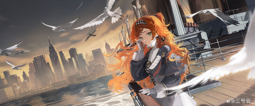 1girl absurdres adjusting_hair bird building checkered_hairband city clouds collared_dress dress dutch_angle floating_hair from_side gloves green_eyes grey_cloak grey_sky hand_in_own_hair hand_on_railing hand_up high_collar highres long_hair long_sleeves looking_at_viewer ocean orange_hair parted_lips puffy_long_sleeves puffy_sleeves reverse:1999 sanmuyun seagull ship ship_deck sky skyline solo sonetto_(reverse:1999) too_many too_many_birds two_side_up upper_body watercraft weibo_logo weibo_username white_dress white_gloves