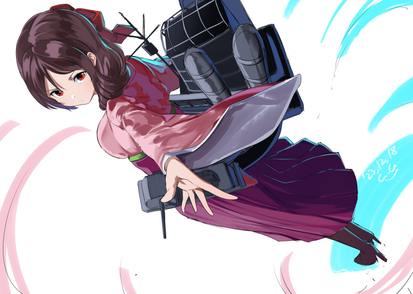 1girl boots brown_hair drill_hair dutch_angle from_above gegeron harukaze_(kancolle) high_heel_boots high_heels highres japanese_clothes kantai_collection machinery red_eyes solo wide_sleeves