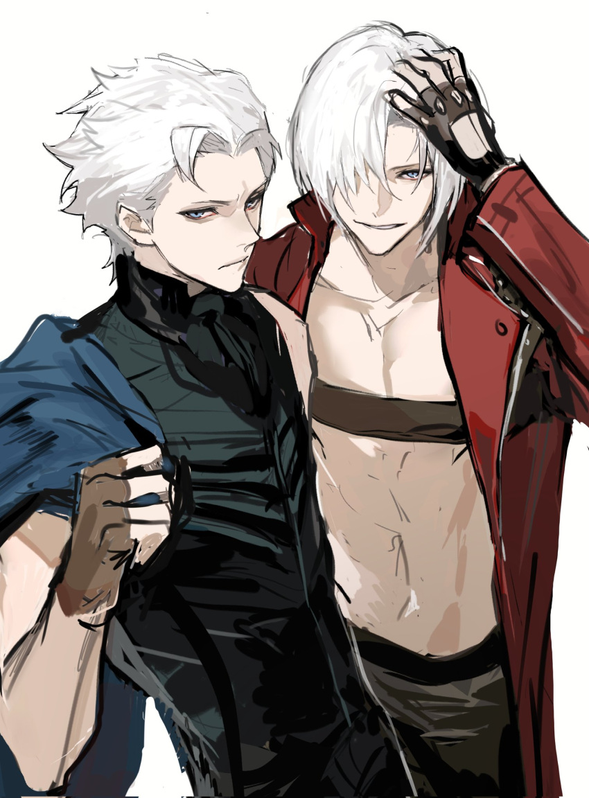 2boys @_mumian belt_bra bishounen blue_coat blue_eyes coat dante_(devil_may_cry) devil_may_cry_(series) devil_may_cry_3 fingerless_gloves gloves hair_over_one_eye highres jacket long_hair looking_at_viewer male_focus multiple_boys pale_skin red_coat siblings smile twins vergil_(devil_may_cry) white_hair