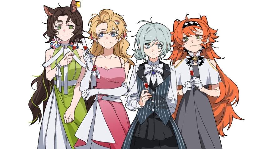 4girls animal_ears blonde_hair blonney blue_eyes blue_flower bow bowtie braid bright_pupils capelet champagne_flute checkered_bow checkered_bowtie checkered_clothes checkered_hairband chinese_commentary closed_mouth clothing_cutout commentary_request cup dress drinking_glass ear_tag earrings elbow_gloves flower freckles gloves green_dress green_eyes grey_dress grey_eyes grey_hair hair_bun hair_flower hair_ornament hairclip half_gloves highres holding horse_ears jessica_(reverse:1999) jewelry long_hair long_sleeves looking_at_another molu_stranger multiple_girls orange_hair pink_dress pink_flower red_wine reverse:1999 ribbon shirt shoulder_cutout side_braid simple_background single_side_bun sleeveless sleeveless_dress smile sonetto_(reverse:1999) striped striped_vest two-tone_dress two_side_up vertin_(reverse:1999) vest waistcoat white_background white_bow white_bowtie white_capelet white_dress white_flower white_gloves white_pupils white_ribbon white_shirt wrist_ribbon