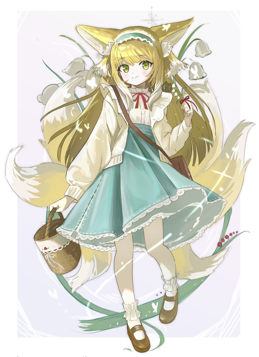 1girl absurdres animal_ear_fluff animal_ears ankle_socks arknights basket blonde_hair blue_hairband blue_skirt blush bobby_socks brown_footwear cardigan closed_mouth colored_tips commentary cross-laced_clothes cross-laced_skirt cross-laced_slit crossover flower fox_ears fox_girl fox_tail full_body green_eyes hairband heixiu high-waist_skirt highres holding holding_basket holding_flower kitsune kyuubi lily_of_the_valley long_hair long_sleeves looking_at_viewer luo_xiaohei_zhanji mary_janes medium_skirt multicolored_hair multiple_tails name_connection neck_ribbon nishiya_(cofffeeenomitai) object_namesake official_alternate_costume pleated_skirt puffy_long_sleeves puffy_sleeves red_ribbon ribbon shirt shoes skirt smile socks solo suzuran_(arknights) suzuran_(spring_praise)_(arknights) symbol-only_commentary tail two-tone_hair white_hair white_shirt white_socks yellow_cardigan
