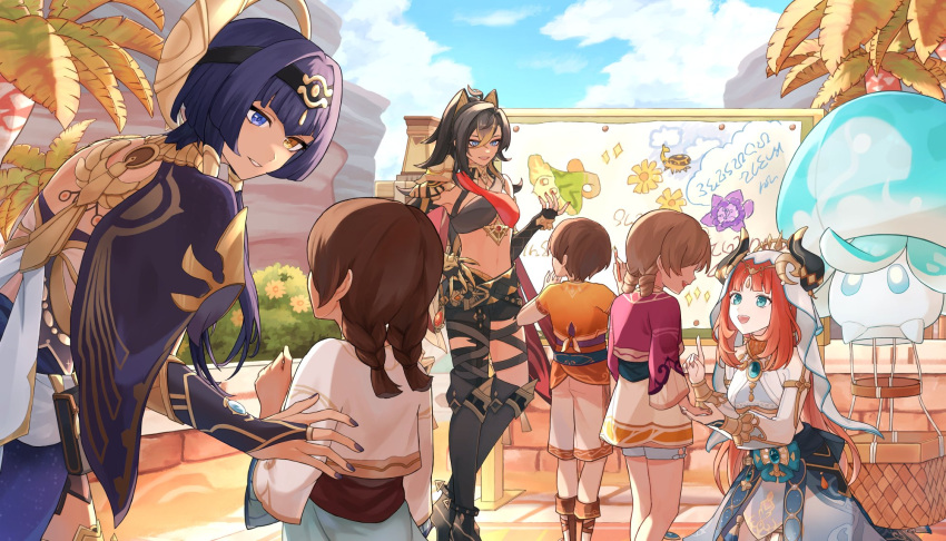 1boy 5girls :d ahoge aqua_dress aqua_eyes armor asymmetrical_clothes ayten_(genshin_impact) basket belt black_belt black_footwear black_gloves black_hairband black_pants black_shirt blue_bow blue_eyes blue_gemstone blue_skirt blue_sky blunt_bangs boots bow braid bridal_gauntlets brown_hair bush candace_(genshin_impact) capelet child claw_ring clouds commentary_request criss-cross_halter crop_top crossed_bangs crossed_belts curled_horns dark-skinned_female dark_skin day dehya_(genshin_impact) detached_sleeves dress egyptian_clothes eye_of_horus fake_horns fingerless_gloves fingernails flower fungi_(genshin_impact) gem genshin_impact gloves gold_trim hair_between_eyes hair_ears hair_intakes hairband halterneck hand_up harem_outfit headpiece heterochromia highres horns index_finger_raised karima_(genshin_impact) long_hair long_sleeves looking_at_another looking_to_the_side mountain multiple_girls nail_polish navel nawaz_(genshin_impact) nilou_(genshin_impact) open_mouth orange_shirt outdoors palm_tree pants parted_bangs parted_lips pauldrons purple_capelet purple_hair purple_nails purple_shirt red_shirt redhead shirt short_hair short_hair_with_long_locks short_sleeves shorts shoulder_armor sidelocks single_pantsleg single_pauldron skirt sky sleeveless sleeveless_shirt smile sparkle standing stomach suitchi_(gn4othi61) sumeru_rose_(genshin_impact) teeth torn_clothes torn_pants tree twin_braids twintails two-tone_shirt upper_teeth_only veil very_long_hair vision_(genshin_impact) white_dress white_shirt white_shorts white_veil wide_sleeves yellow_eyes yellow_flower