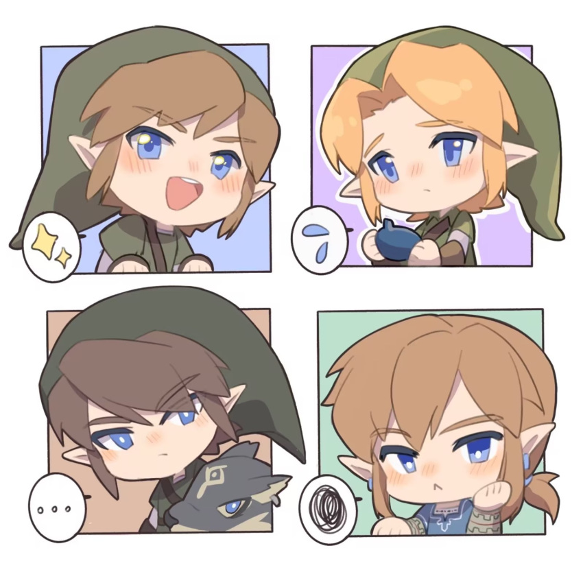... 5boys :&lt; blonde_hair blue_eyes brown_hair chibi commentary earrings frown head_rest highres holding instrument jewelry link male_focus multiple_boys multiple_persona ocarina open_mouth smile spoken_ellipsis spoken_squiggle squiggle the_legend_of_zelda the_legend_of_zelda:_breath_of_the_wild the_legend_of_zelda:_ocarina_of_time the_legend_of_zelda:_skyward_sword the_legend_of_zelda:_twilight_princess wolf_link yun_(dl2n5c7kbh8ihcx)