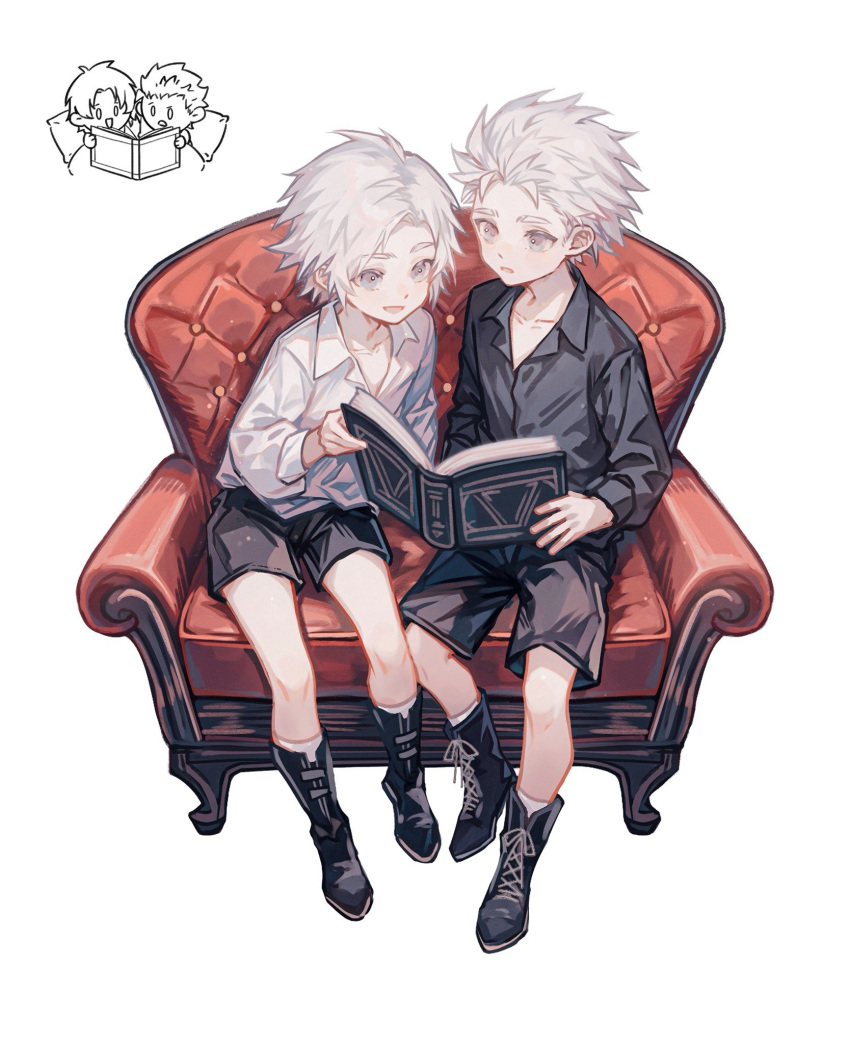 2boys aged_down bishounen black_shorts blue_eyes book boots dante_(devil_may_cry) devil_may_cry_(series) highres holding holding_book lolvivianli long_hair male_focus multiple_boys reading short_hair short_shorts shorts sitting smile vergil_(devil_may_cry) white_hair