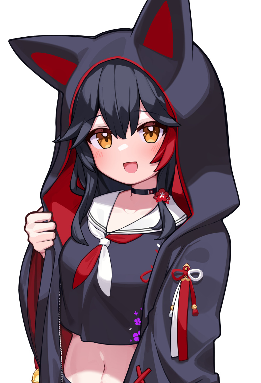 1girl :d absurdres animal_hood black_choker black_hair blush brown_eyes choker deaver floral_print highres hololive hood hooded_jacket jacket looking_at_viewer multicolored_hair navel neckerchief ookami_mio ookami_mio_(another_ookami_mio) open_clothes open_jacket redhead sailor_collar simple_background smile solo stomach streaked_hair two-sided_fabric two-tone_neckerchief upper_body virtual_youtuber white_background white_sailor_collar