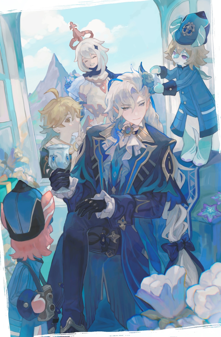 1boy 4girls ^_^ aether_(genshin_impact) ahoge ascot asymmetrical_bangs black_cape black_gloves blonde_hair blue_bow blue_coat blue_flower blue_gemstone blue_hair blue_headwear blue_pants blue_sky bow box brooch brown_hair camera camera_around_neck cape chalice closed_eyes closed_mouth clouds coat commentary_request crossed_bangs crossed_legs cup day finger_to_mouth flower frilled_sleeves frills gem genshin_impact gift gift_box gloves gold_trim grin hair_between_eyes hair_bow hair_flower hair_ornament halo hand_up hat highres holding holding_cup index_finger_raised indoors jewelry kiara_(genshin_impact) lapels long_hair long_sleeves looking_at_another looking_to_the_side low-tied_long_hair lumitoile_(genshin_impact) medium_hair melusine_(genshin_impact) mountain multicolored_hair multiple_girls mumu_vosp neuvillette_(genshin_impact) paimon_(genshin_impact) pants parted_bangs peaked_cap pink_hair sedene_(genshin_impact) short_hair shushing sidelocks sitting sky sleeve_cuffs smile starfish streaked_hair very_long_hair violet_eyes white_ascot white_flower white_hair window yellow_eyes