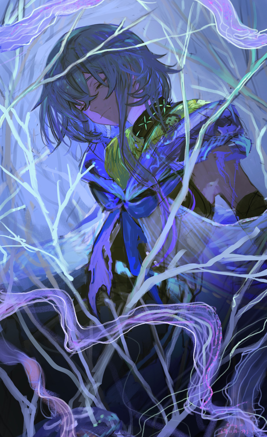 1boy absurdres arknights blue_hair blue_theme cape closed_eyes closed_mouth clothing_cutout detached_sleeves highres hood hood_down hooded_cape infection_monitor_(arknights) jellyfish male_focus mizuki_(arknights) otoko_no_ko see-through_cape short_hair_with_long_locks sketch smile solo underwater yomotobi