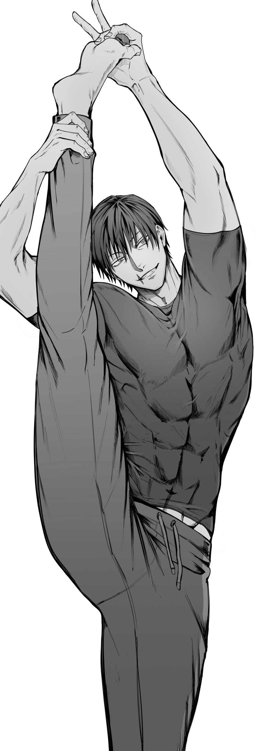 1boy absurdres barefoot covered_abs fushiguro_touji greyscale grin highres jujutsu_kaisen looking_at_viewer male_focus monochrome muscular muscular_male pants pectorals scar scar_on_face scar_on_mouth short_hair short_sleeves skin_tight smile solo standing standing_on_one_leg stretching teeth v yofu_(0042_2400)