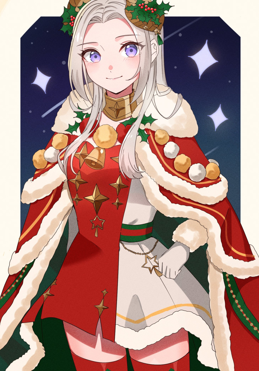 1girl blush cape christmas closed_mouth dress edelgard_von_hresvelg edelgard_von_hresvelg_(snowfall_future) fake_horns fire_emblem fire_emblem:_three_houses fire_emblem_heroes forehead fur-trimmed_cape fur-trimmed_dress fur_trim gloves gmais2514 green_cape hair_ornament highres horns long_hair looking_at_viewer mistletoe_hair_ornament mixed-language_commentary official_alternate_costume red_cape red_dress red_thighhighs smile solo thigh-highs two-tone_cape two-tone_dress violet_eyes white_dress white_gloves white_hair