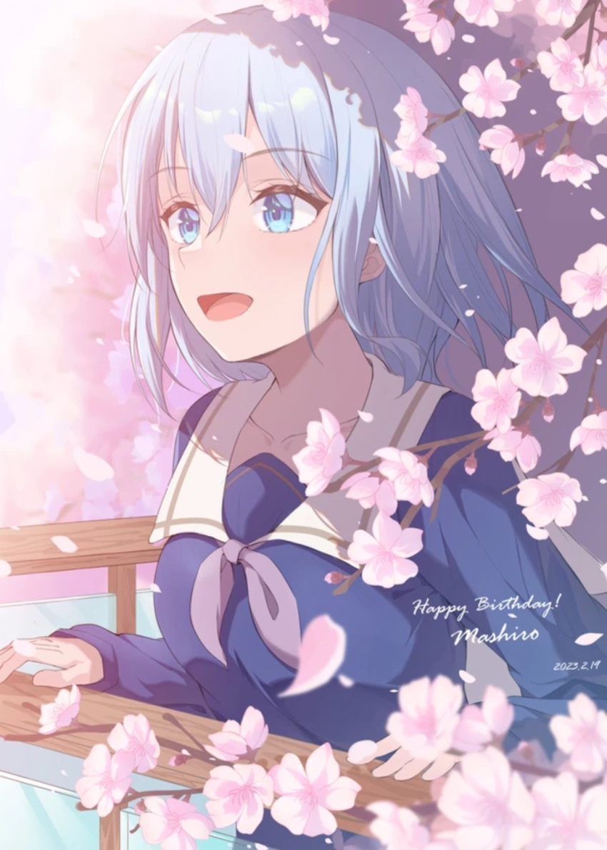1girl bang_dream! birthday blue_eyes cherry_blossoms flower flower_petals happy_birthday kurata_mashiro petals school_uniform solo tamago_(pixiv67471038) white_hair
