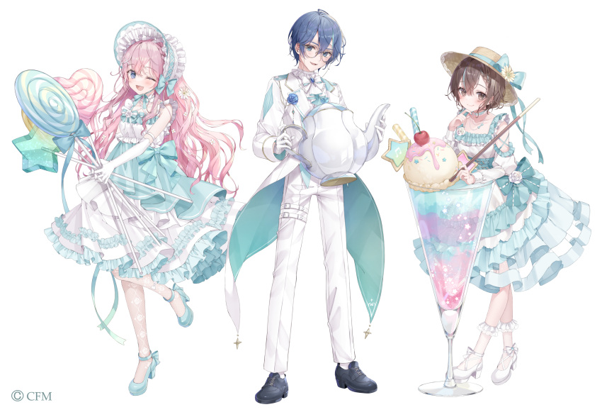 1boy 2girls :d ;d ankle_strap aqua_ascot aqua_bow aqua_choker aqua_coat aqua_footwear aqua_hair aqua_ribbon ascot bare_shoulders belt bespectacled black_footwear blue_eyes blue_flower blue_hair blue_rose bonnet boutonniere bow braid braided_bangs brown_eyes brown_hair brown_headwear candy cherry choker closed_mouth coat cookie copyright_notice cross-laced_footwear cuff_links daisy detached_sleeves double-parted_bangs dress dress_bow drinking_straw empire_waist eyewear_strap finger_to_own_chin fishnet_pantyhose fishnet_socks fishnets flower flower_ornament food footwear_bow frilled_dress frilled_shirt_collar frilled_socks frills fruit full_body glasses gloves hair_between_eyes hair_flower hair_ornament hairclip hat hat_bow hat_flower heart heart_lollipop high_heels highres holding holding_candy holding_food holding_lollipop holding_teapot ice_cream ice_cream_float juliet_sleeves kaito_(vocaloid) lace-trimmed_choker lace_trim lapels layered_dress legs_apart light_blush lollipop long_hair long_sleeves looking_at_viewer megurine_luka meiko_(vocaloid) multicolored_hair multiple_girls notched_lapels official_art one_eye_closed oversized_food oversized_object pants pantyhose parted_lips pink_hair pocky puffy_sleeves pumps ribbon rose round_eyewear sakura_shiori shaped_lollipop shirt shoes short_hair sidelocks simple_background sleeve_cuffs sleeveless sleeveless_dress smile socks standing standing_on_one_leg star-shaped_cookie star-shaped_food star_(symbol) straw_hat streaked_hair swirl_lollipop tailcoat teapot thigh_belt thigh_strap two-sided_coat two-sided_fabric two-tone_dress vocaloid waist_bow wavy_hair white_ascot white_background white_bow white_choker white_coat white_dress white_flower white_gloves white_headwear white_pants white_pantyhose white_rose white_shirt white_socks yellow-framed_eyewear