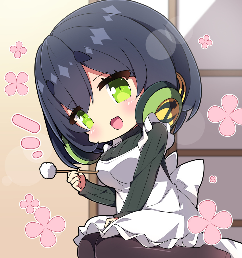 1girl :d absurdres apron black_hair blush brown_pantyhose chibi commentary_request frilled_apron frills green_eyes green_sweater hair_between_eyes headphones headphones_around_neck highres holding indoors kyoumachi_seika looking_at_viewer milkpanda mimikaki notice_lines pantyhose ribbed_sweater short_hair sitting smile solo sweater turtleneck turtleneck_sweater voiceroid wariza white_apron