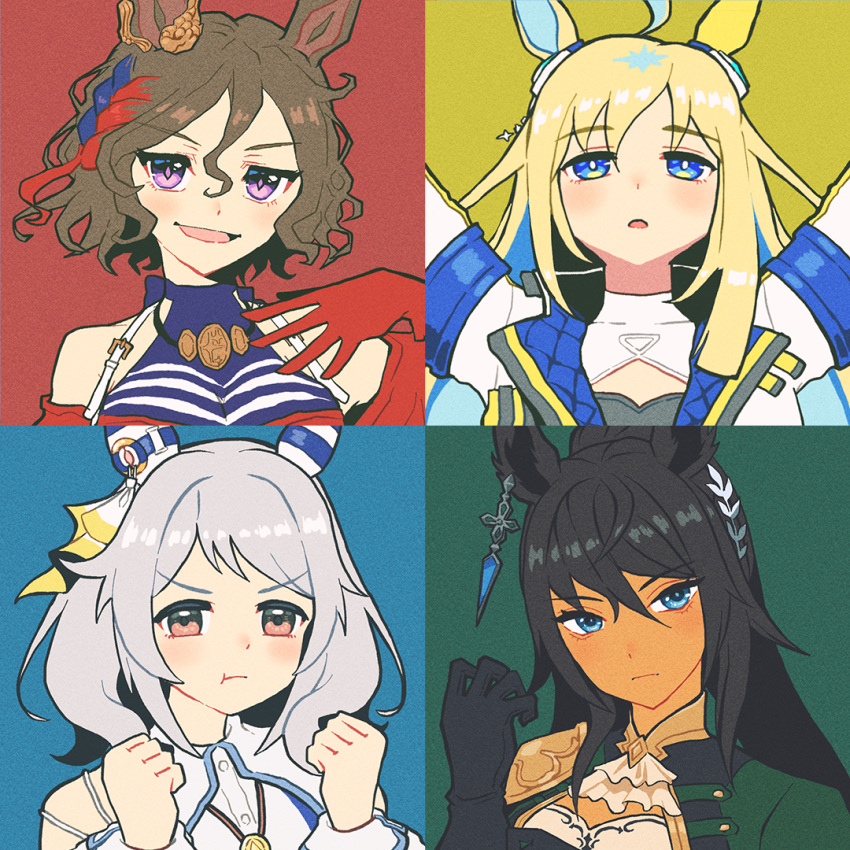4girls :d ahoge animal_ears arms_up bare_shoulders blonde_hair blue_background blue_eyes blue_hair blush breasts brown_eyes brown_hair clenched_hands colored_inner_hair ear_covers gloves grey_hair hair_between_eyes hand_on_own_chest hishi_miracle_(umamusume) horse_ears horse_girl jacket large_breasts long_hair long_sleeves looking_at_viewer looking_up medium_hair multicolored_hair multiple_girls nenbutsu_0416 neo_universe_(umamusume) pout red_background red_gloves redhead short_hair simple_background smile swept_bangs symboli_kris_s_(umamusume) tap_dance_city_(umamusume) teeth umamusume upper_body violet_eyes white_jacket yellow_background