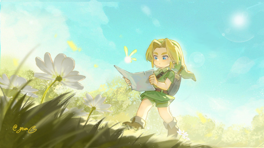 1boy blonde_hair blue_eyes blue_sky boots clouds commentary flower grass green_shirt green_shorts hat highres holding holding_paper lens_flare link male_focus navi paper pointy_ears reading shield shield_on_back shirt shorts sky solo sun sword sword_on_back the_legend_of_zelda the_legend_of_zelda:_ocarina_of_time weapon weapon_on_back young_link yun_(dl2n5c7kbh8ihcx)