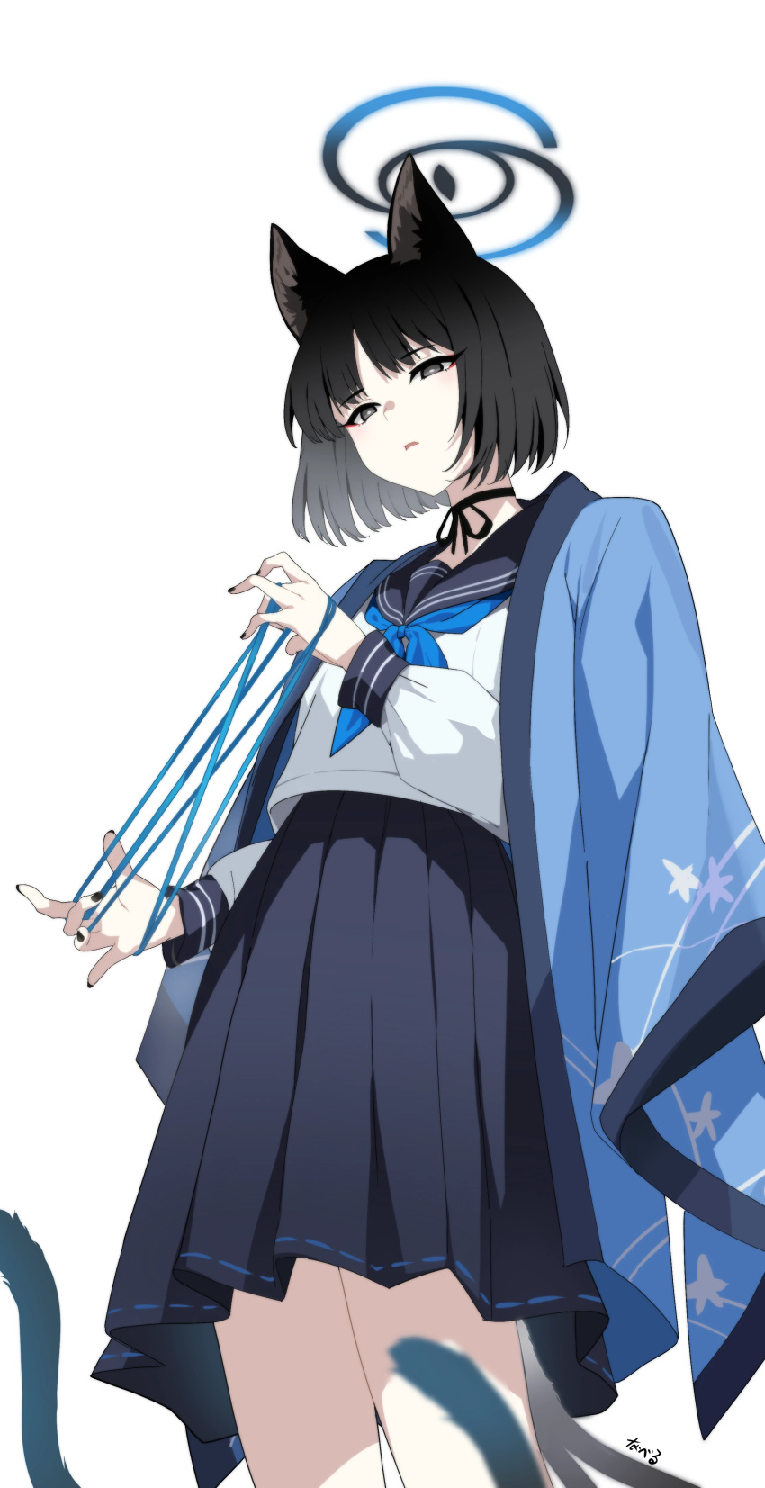 1girl absurdres animal_ear_fluff animal_ears black_eyes black_hair black_nails black_ribbon black_sailor_collar black_skirt blue_archive blue_halo blue_neckerchief blue_string blue_tail breasts cat's_cradle cat_ears cat_girl cat_tail cowboy_shot fingernails from_below halo haori highres japanese_clothes kikyou_(blue_archive) looking_at_viewer multiple_tails nail_polish neck_ribbon neckerchief open_mouth pleated_skirt ribbon sailor_collar school_uniform serafuku shirt short_hair signature simple_background skirt small_breasts solo standing swept_bangs tail two_tails white_background white_shirt you_guo_chaocai