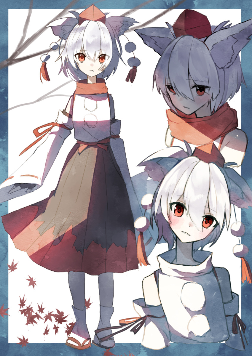 1girl absurdres animal_ears detached_sleeves full_body hakama hakama_skirt hat highres inubashiri_momiji japanese_clothes jigsaw_paru leaf long_sleeves looking_at_viewer maple_leaf multiple_views pom_pom_(clothes) red_eyes sandals scarf shirt short_hair skirt sleeveless sleeveless_shirt smile socks touhou wolf_ears wolf_girl