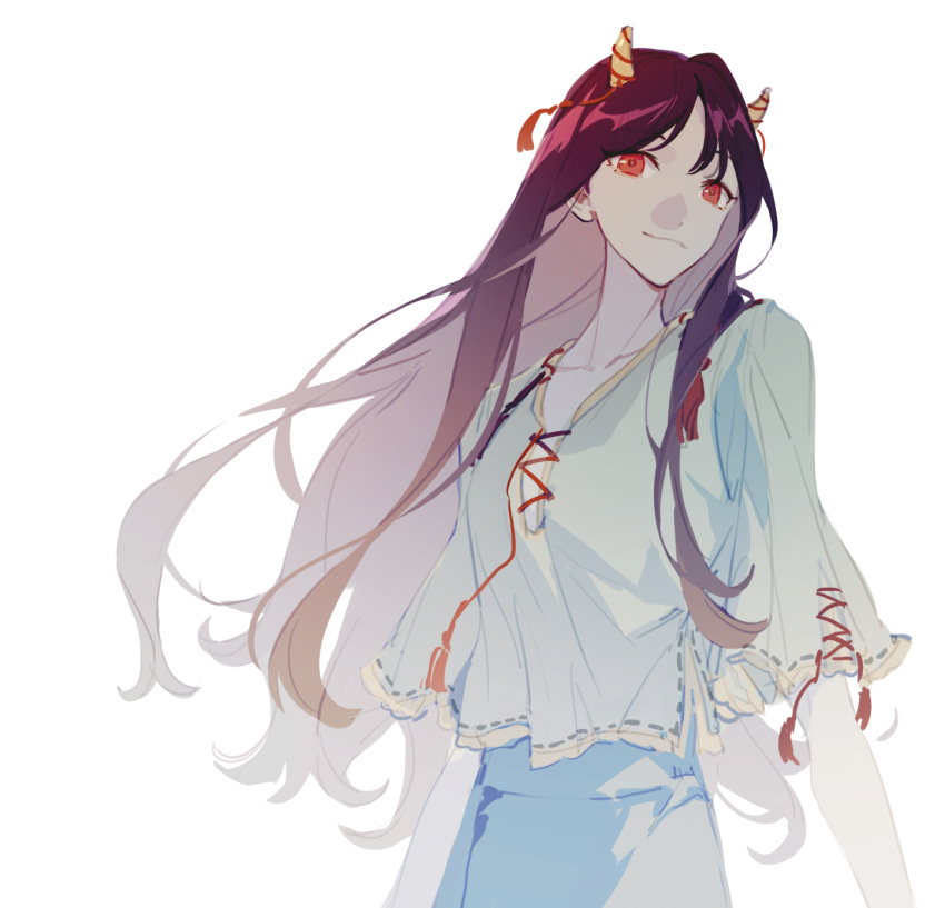 1girl argon_(caocaocaocaocao) black_hair blue_shorts closed_mouth collarbone green_shirt highres horns long_hair nippaku_zanmu oni_horns red_eyes shirt short_sleeves shorts simple_background solo touhou white_background yellow_horns