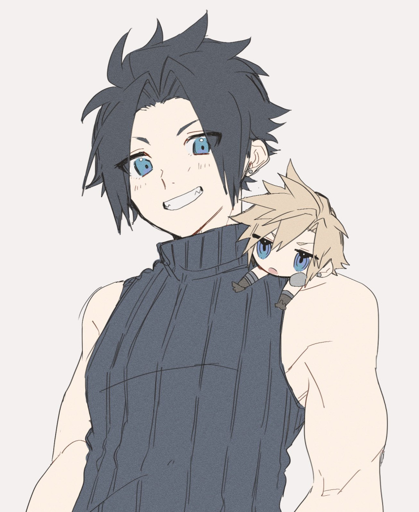 2boys :o armor biceps black_hair black_sweater blonde_hair blue_eyes brown_gloves chibi chibi_inset chibi_on_shoulder cloud_strife crisis_core_final_fantasy_vii earrings final_fantasy final_fantasy_vii gloves grey_background grin highres jewelry looking_at_another male_focus multiple_boys muscular muscular_male open_mouth parted_bangs pauldrons same_no_nituke3 short_hair shoulder_armor simple_background single_pauldron sleeveless sleeveless_turtleneck smile spiky_hair stud_earrings sweater turtleneck upper_body world_of_final_fantasy zack_fair