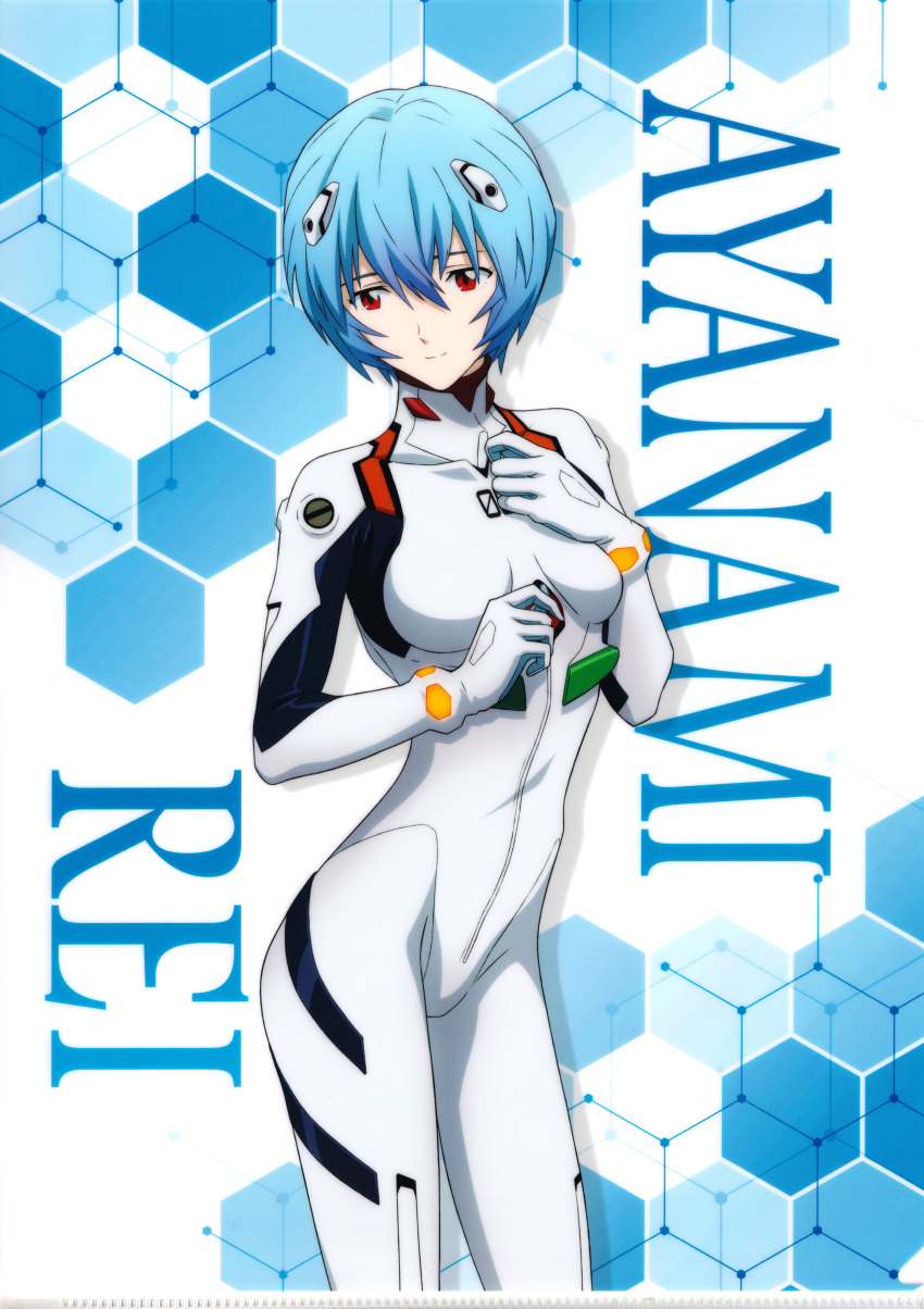 1girl absurdres ass ayanami_rei blue_hair bodysuit breasts character_name hair_between_eyes highres interface_headset neon_genesis_evangelion official_art pilot_suit plugsuit red_eyes scan short_hair solo standing white_bodysuit