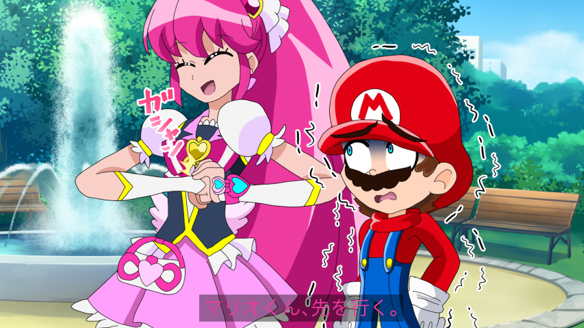 1boy 1girl aino_megumi alex-sama blue_eyes blue_overalls brooch cracking_knuckles crossover cure_lovely earrings facial_hair hair_ornament happinesscharge_precure! hat heart heart_brooch heart_earrings heart_hair_ornament highres i_think_we're_gonna_have_to_kill_this_guy_steven_(meme) jewelry long_hair magical_girl mario meme mustache overalls pink_eyes pink_hair ponytail pouch precure puffy_short_sleeves puffy_sleeves red_headwear red_shirt sadism scared shirt short_hair short_sleeves smile super_mario_bros. translation_request trembling turn_pale upper_body