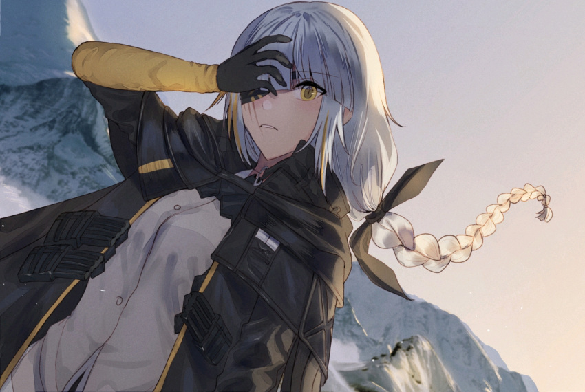 1girl black_gloves black_jacket eyepatch girls_frontline gloves jacket long_hair long_sleeves looking_at_viewer m16a1_(boss)_(girls'_frontline) m16a1_(girls'_frontline) open_mouth scar shirt upper_body white_hair xanax025 yellow_eyes yellow_shirt