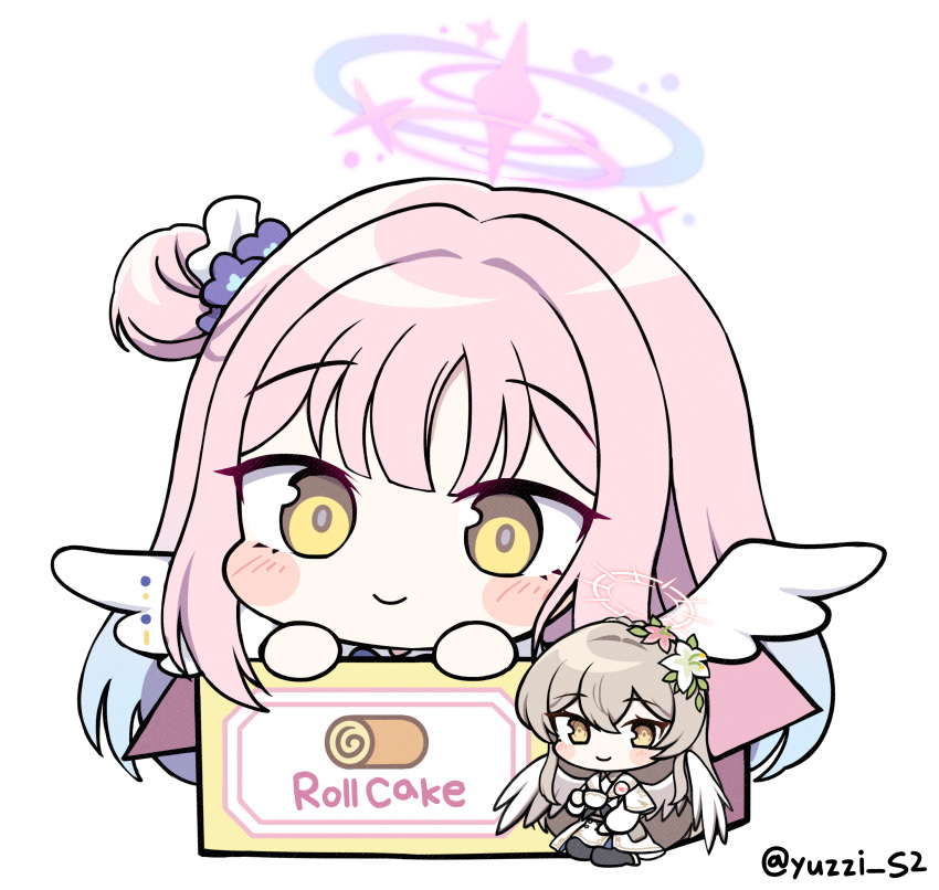 2girls absurdres angel_wings black_pantyhose blue_archive blunt_bangs blush_stickers box brown_eyes cake cardboard_box chibi commentary_request cup feathered_wings flower food grey_hair hair_between_eyes hair_bun hair_flower hair_ornament hair_scrunchie halo highres in_box in_container long_hair long_sleeves looking_at_viewer mika_(blue_archive) multiple_girls nagisa_(blue_archive) one_side_up pantyhose pink_hair school_uniform scrunchie serafuku sidelocks simple_background single_side_bun sitting size_difference smile swiss_roll teacup wariza white_background white_wings wings yellow_eyes yukki_bunny