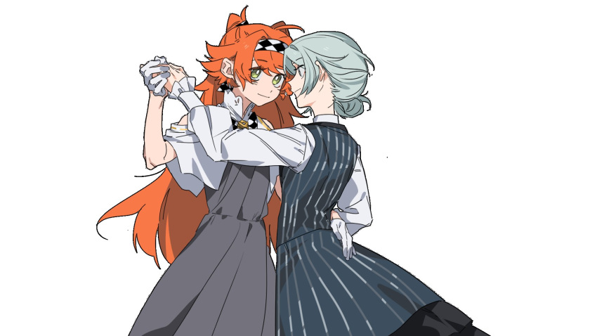 2girls black_vest bow bowtie bright_pupils capelet checkered_bow checkered_bowtie checkered_clothes checkered_hairband chinese_commentary closed_mouth clothing_cutout commentary_request dancing dress eye_contact gloves green_eyes grey_dress grey_hair hair_bun half_gloves hand_on_another's_back highres holding_hands long_hair long_sleeves looking_at_another molu_stranger multiple_girls orange_hair reverse:1999 shirt shoulder_cutout simple_background single_side_bun smile sonetto_(reverse:1999) striped striped_vest two_side_up vertin_(reverse:1999) vest waistcoat white_background white_capelet white_gloves white_pupils white_shirt yuri