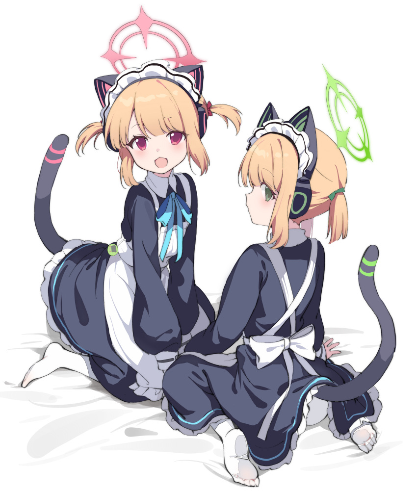2girls absurdres animal_ear_headphones animal_ears apron black_dress blonde_hair blue_archive blush cat_ear_headphones commentary dress fake_animal_ears frilled_dress frills green_eyes halo headphones highres long_sleeves looking_at_viewer maid_headdress midori_(blue_archive) midori_(maid)_(blue_archive) momoi_(blue_archive) momoi_(maid)_(blue_archive) multiple_girls no_shoes open_mouth pantyhose pink_eyes ponytail siblings simple_background sisters sitting symbol-only_commentary tail twins two_side_up white_apron white_background white_pantyhose you_guo_chaocai