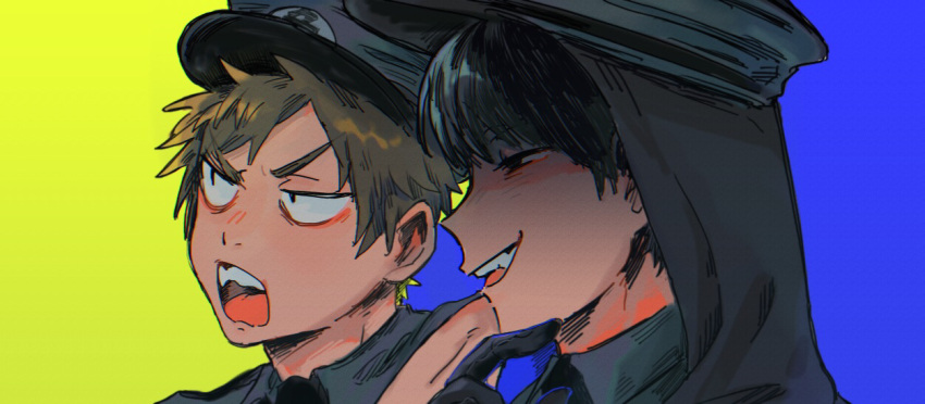 2boys alternate_costume bags_under_eyes black_eyes black_gloves black_hair black_shirt blonde_hair blue_background collared_shirt commentary_request constricted_pupils evil_smile finger_to_own_chin from_side glaring gloves hat hood hood_up male_focus multiple_boys napoli_no_otokotachi narrowed_eyes open_mouth peaked_cap police_hat profile sanpaku scowl shirt short_hair shu3_(napoli_no_otokotachi) simple_background smile sugiru_(napoli_no_otokotachi) two-tone_background v-shaped_eyebrows yellow_background z_(wikk52)