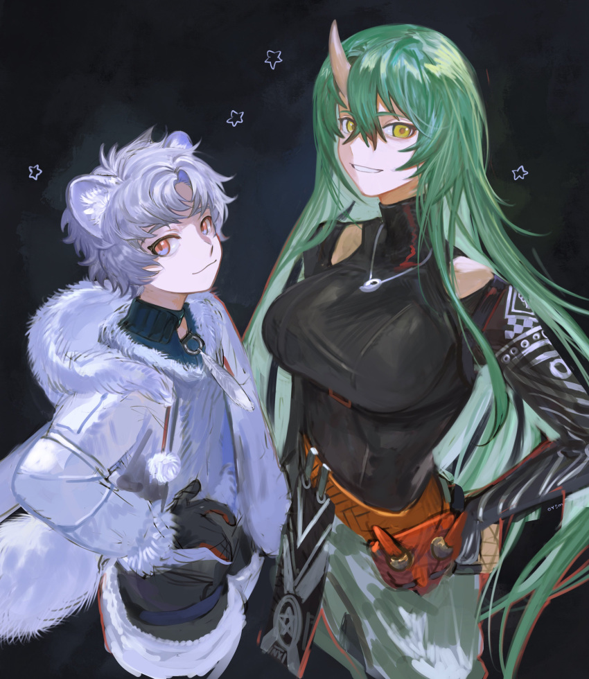 1boy 1girl :3 absurdres animal_ears arknights black_background black_shirt chest_strap fox_boy fox_ears from_above fur-trimmed_jacket fur-trimmed_shorts fur-trimmed_sleeves fur_trim gloves green_hair hand_on_own_hip high_collar highres horns hoshiguma_(arknights) hoshiguma_(ronin_huntress)_(arknights) jacket jewelry long_hair looking_at_viewer magatama magatama_necklace mask multicolored_eyes necklace official_alternate_costume oni oni_horns oni_mask pants qanipalaat_(arknights) red_eyes shirt short_hair shorts single_horn smile star_(symbol) white_hair white_pants yellow_eyes yomotobi